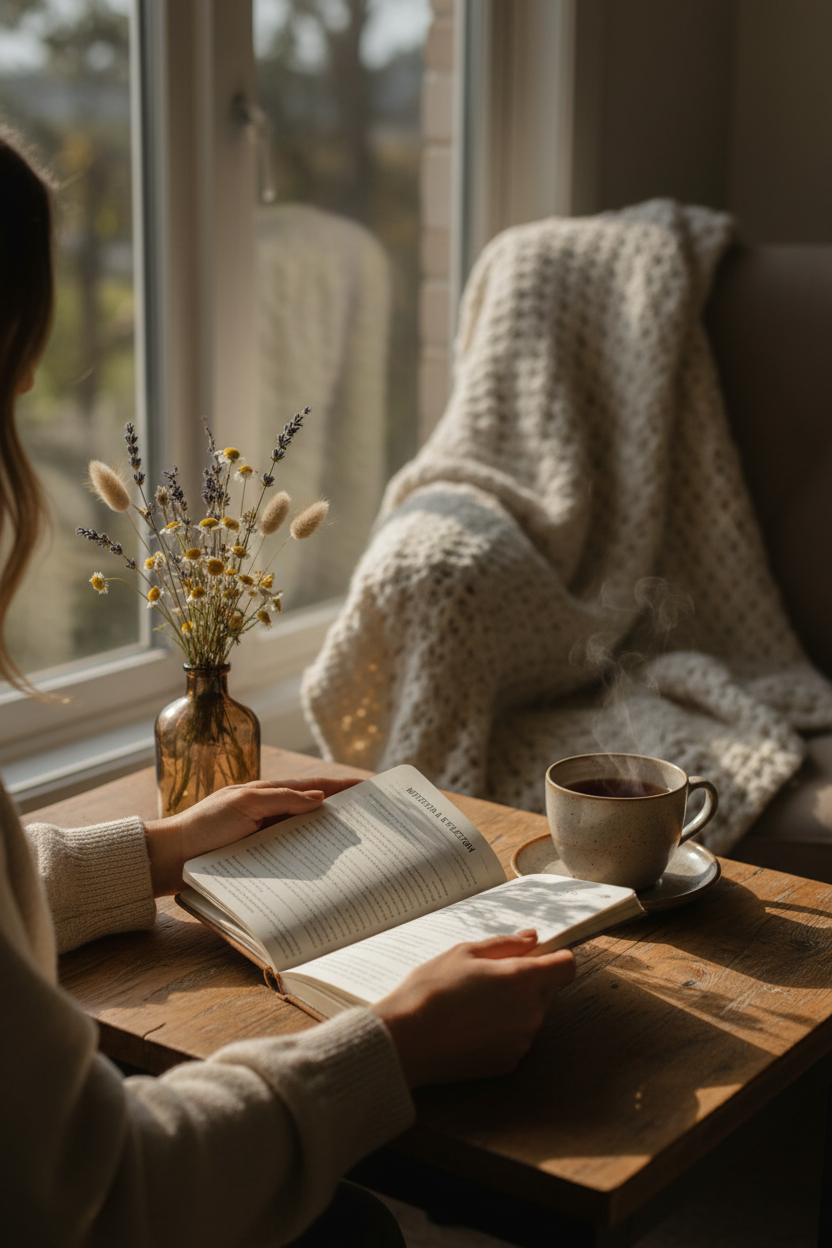 Woman's hands holding an open journal by a window with morning light and tea