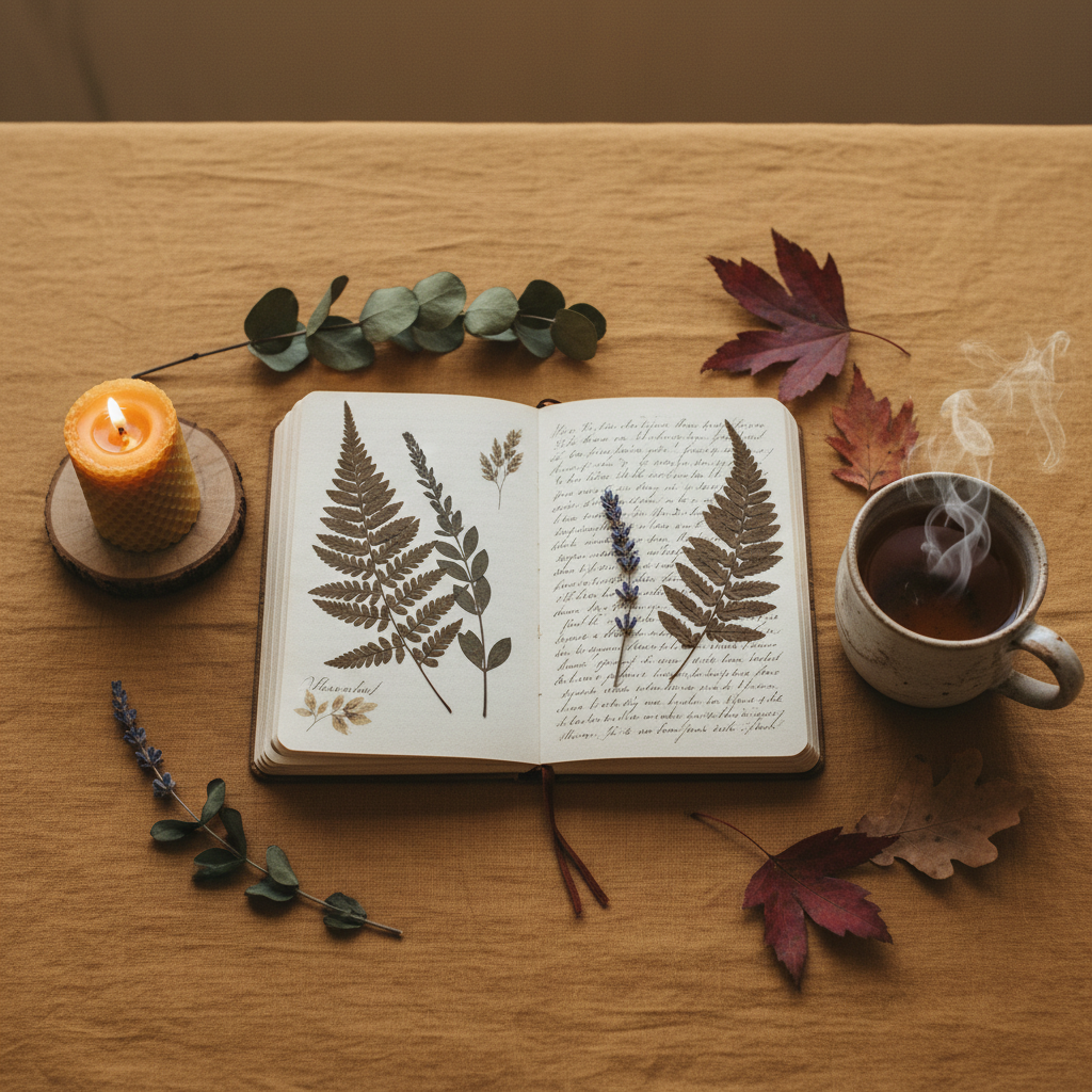 Autumnal flat lay of an open journal with botanicals, candle and herbal tea