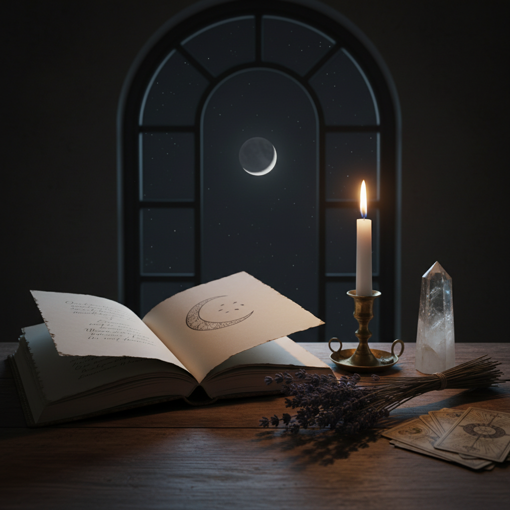 Moonlit journaling scene with candle, lavender and crescent moon